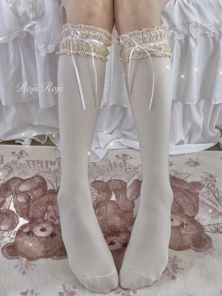Gentle Township Lolita Socks Women's Autumn Bow Medium Tube Socks Lolita Lace Lace Cotton Socks Sweet