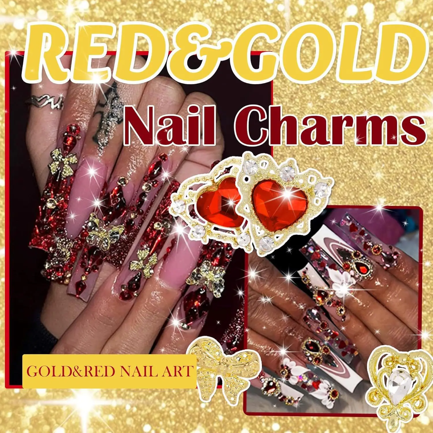 40PCS Heart Nail Charms 3D Red Nail Charms 10 Styles San Judas Cross Star Gold Nail Gems Alloy Love Crystals Nail Rhinestones
