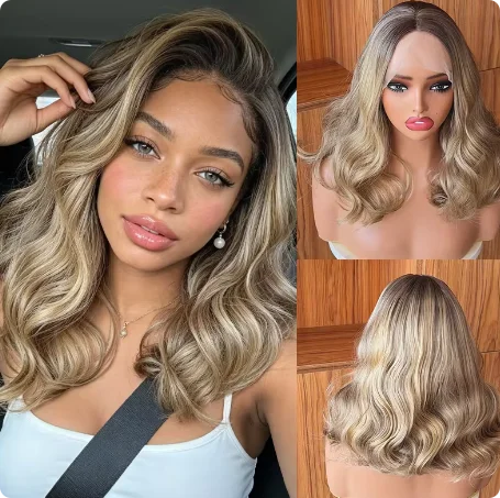 Ash Blonde 13x4 HD Lace Front Wig for Women Glueless Synthetic Hair Natural Roots Loose Wave Short Bob Shoulder Wigs