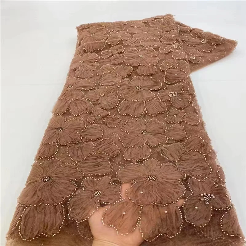 Coffee Color  New Arrival  French Nigerian Shinny  Sequins Beads Lace Fabric JRB-5193 Embroidered Lady Show or Party Dress