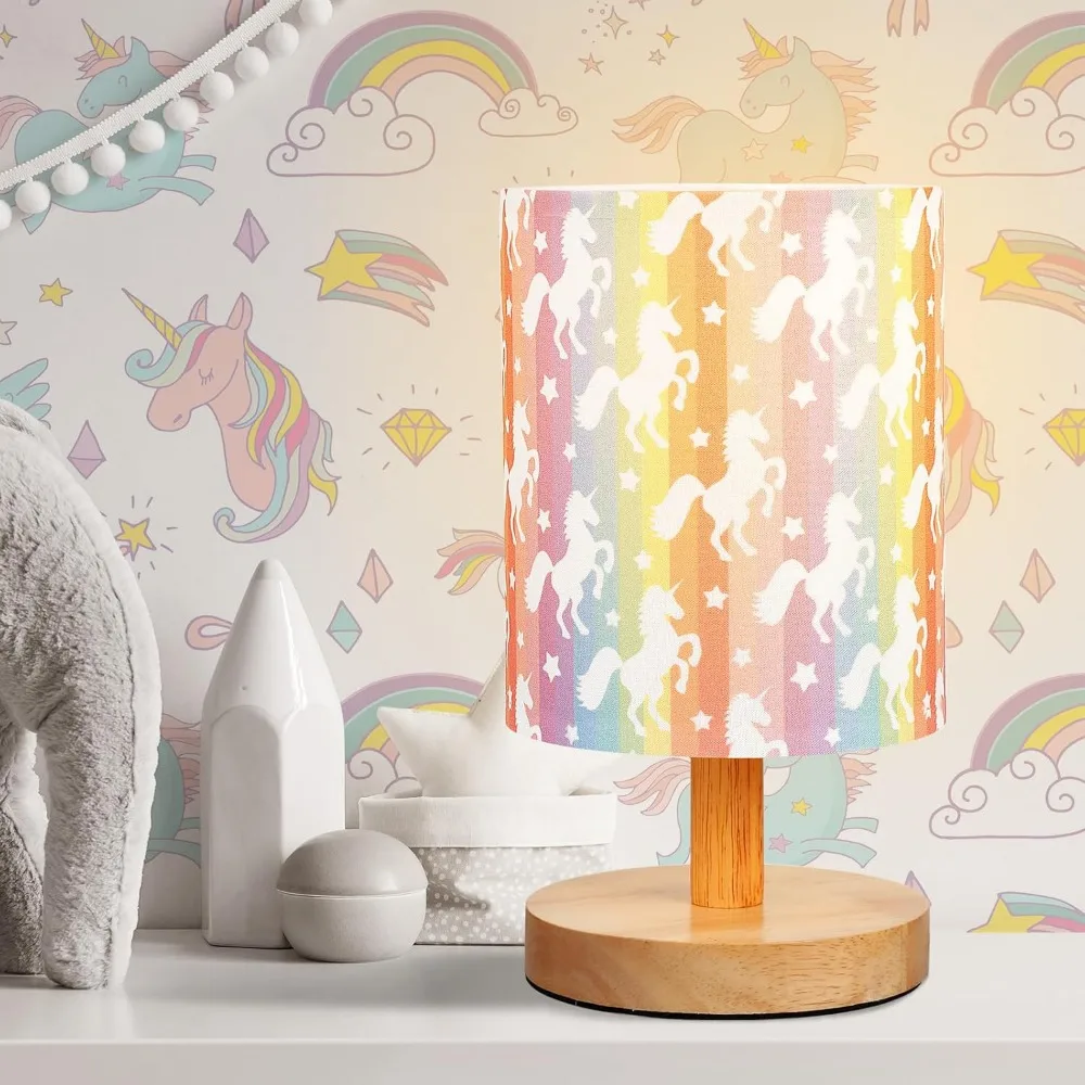 

vihose unicorn kids table lamp for bedroom kids bedside lamp with linen wooden nightstand cartoon nursery lampshade for girls bo