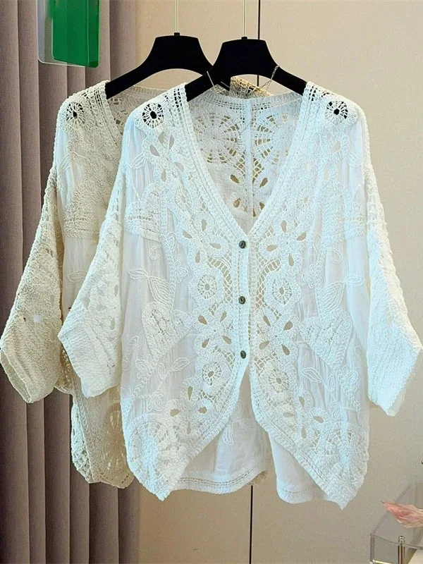 

2025 Spring And Autumn Bat Sleeve Knitted Embroidery Hollow Lace Cardigan Tops V-Neck Bohemian Casual Beach Knit Cardigan