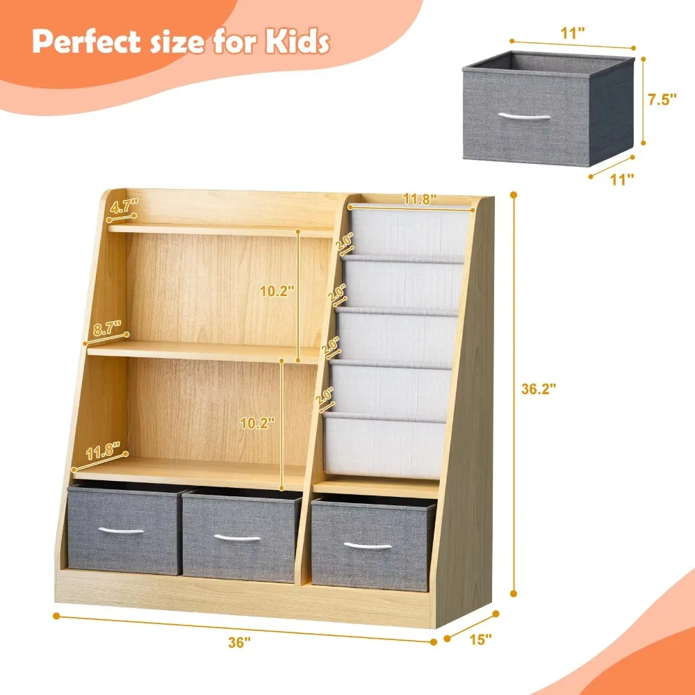 4 Tier Children Bookcase Toy Storage Organizer with 3 Fabric Drawers Kids Bookshelf Baby Toddler Book Rack