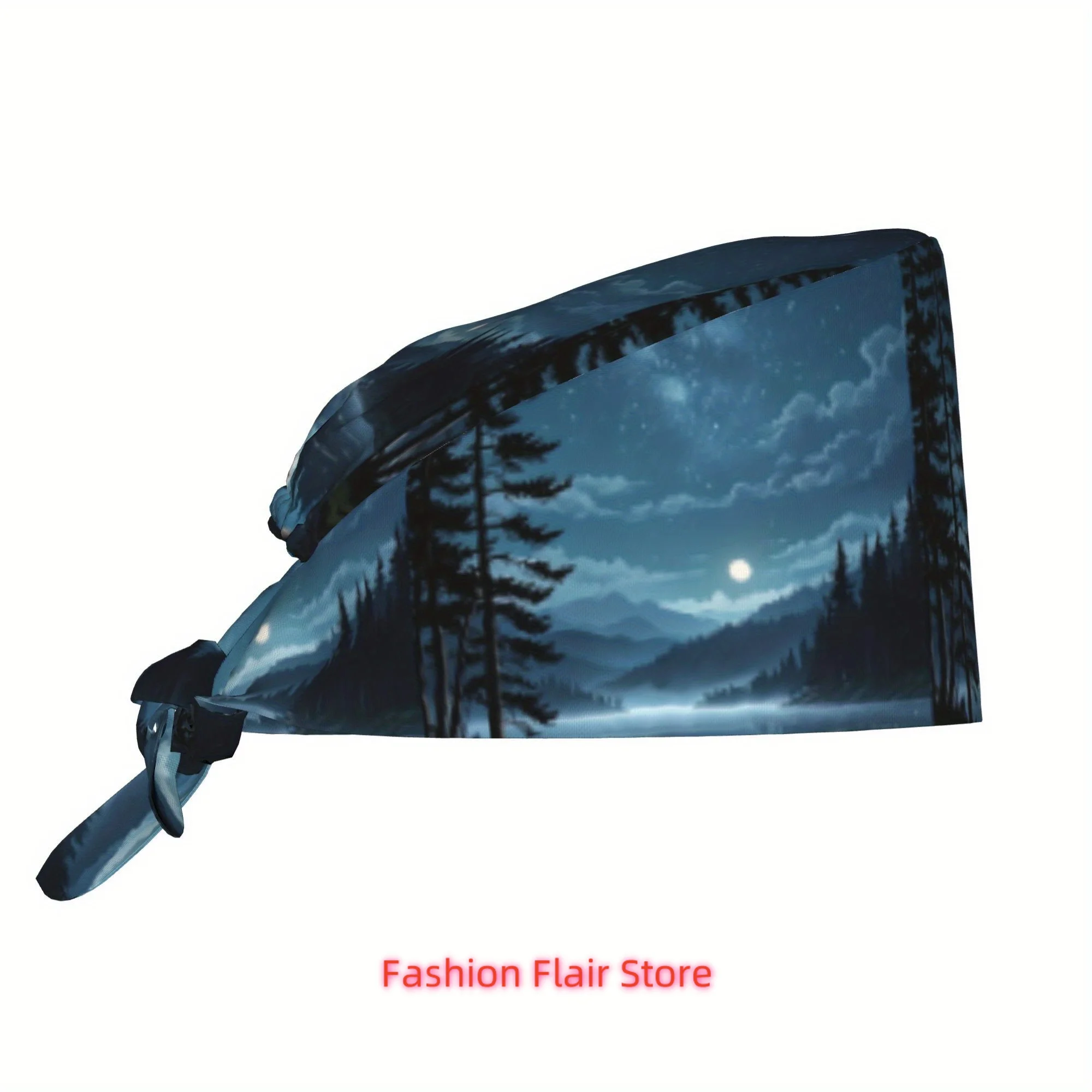 1pc Starry Night Forest Unisex Adjustable Lightweight Dustproof Work Cap - Nurse & Chef Hat with Tie-Back Design, Stylish Printe