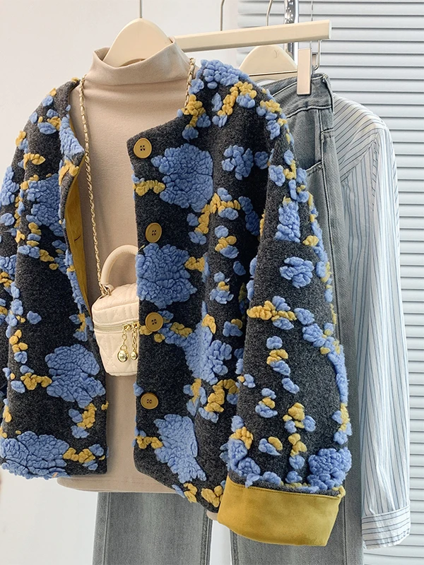 

Thiened Woolen Coat Women's Faion Autumn Winter 3D Flower Embroidery Cotton Blend Warm Versatile Long Sve round Ne Top