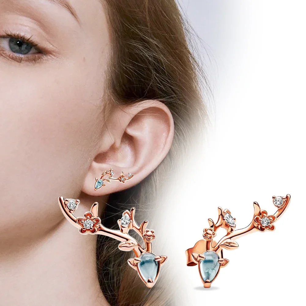 925 Sterling Silver Korean Earrings Rose Gold Deer Stud Earrings for Women Engagement Jewelry Accessories Gift