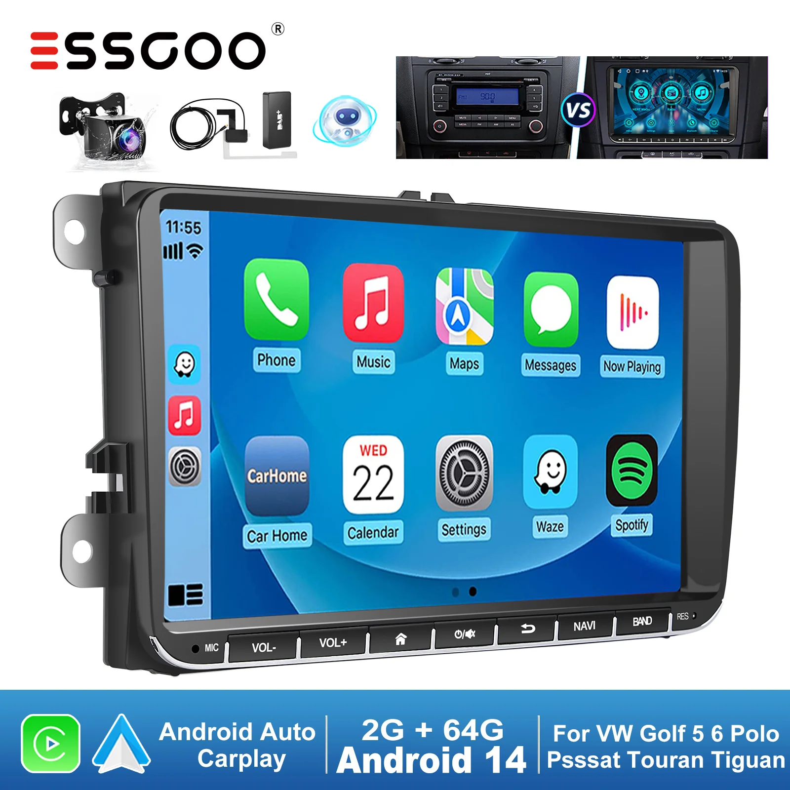 ESSGOO 9" Android 14 4+64G Drahtloses CarPlay Autoradio für VW Golf 5/6 Passat B6/B7 Polo Touran Tiguan Caddy GPS-Satellitennavigation WIFI RDS FM BT EQ SWC USB Intelligentes System