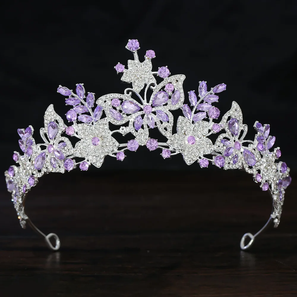 Luxo cor prata roxo cristal borboleta barroco rosa strass tiaras coroa feminino casamento diadema festa vestido de cabelo jóias
