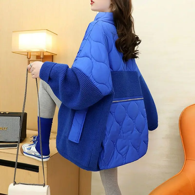 2024 Autumn/Winter New Women\'s Oversized Knitted Cotton Jacket Splicing Stand Up Collar Jacket