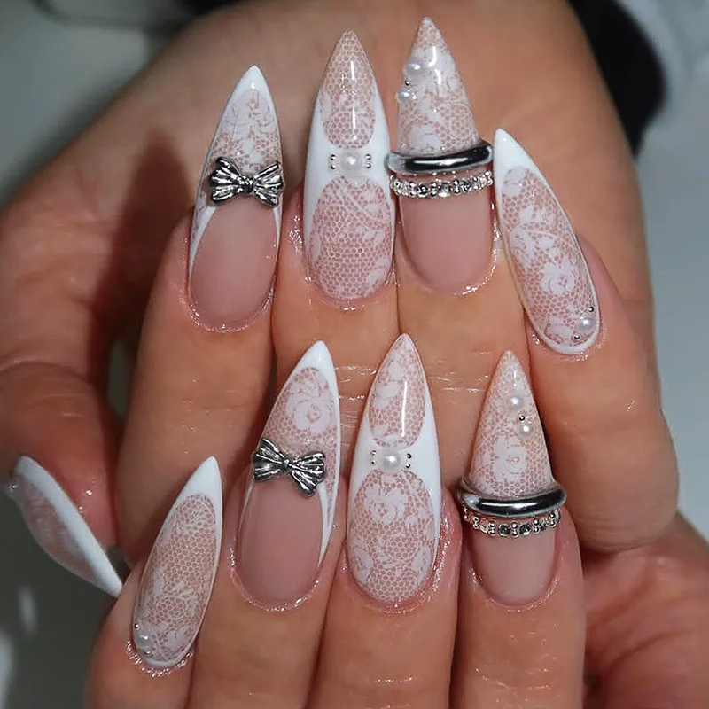

24Pcs Long Stiletto Press on Nails Nude White Lace Print with Silver Bow & Rhinestone Ring Decor French Fake Nails for Women