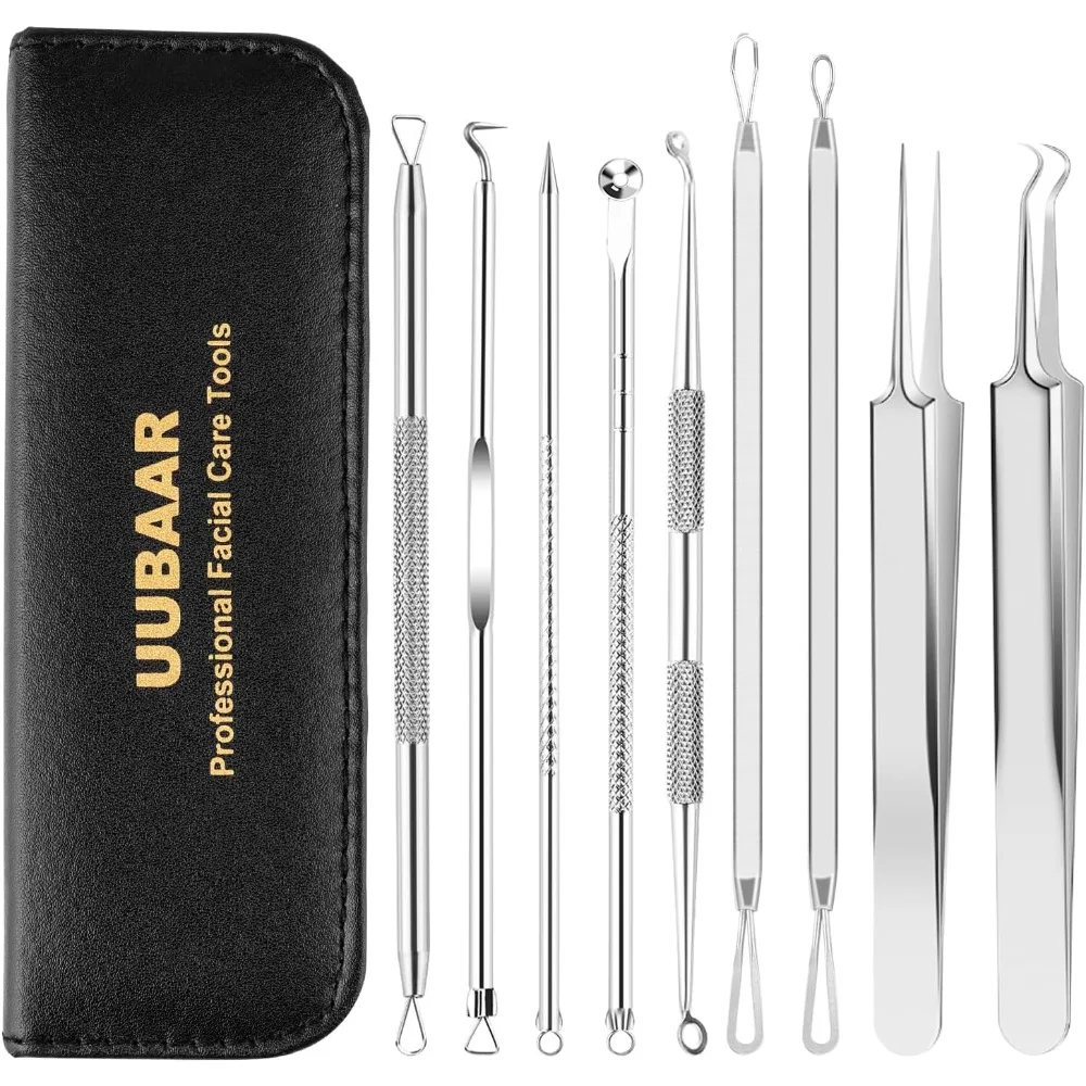 Professional 9PCS Blackhead Remover Pimple Popper Tool Kit Comedone Extractor with 16 Precision Heads 2 Tweezers 304 Stainless Steel Acne Zit Removal for Face Nose Home Esthetician Use Leather Case Included