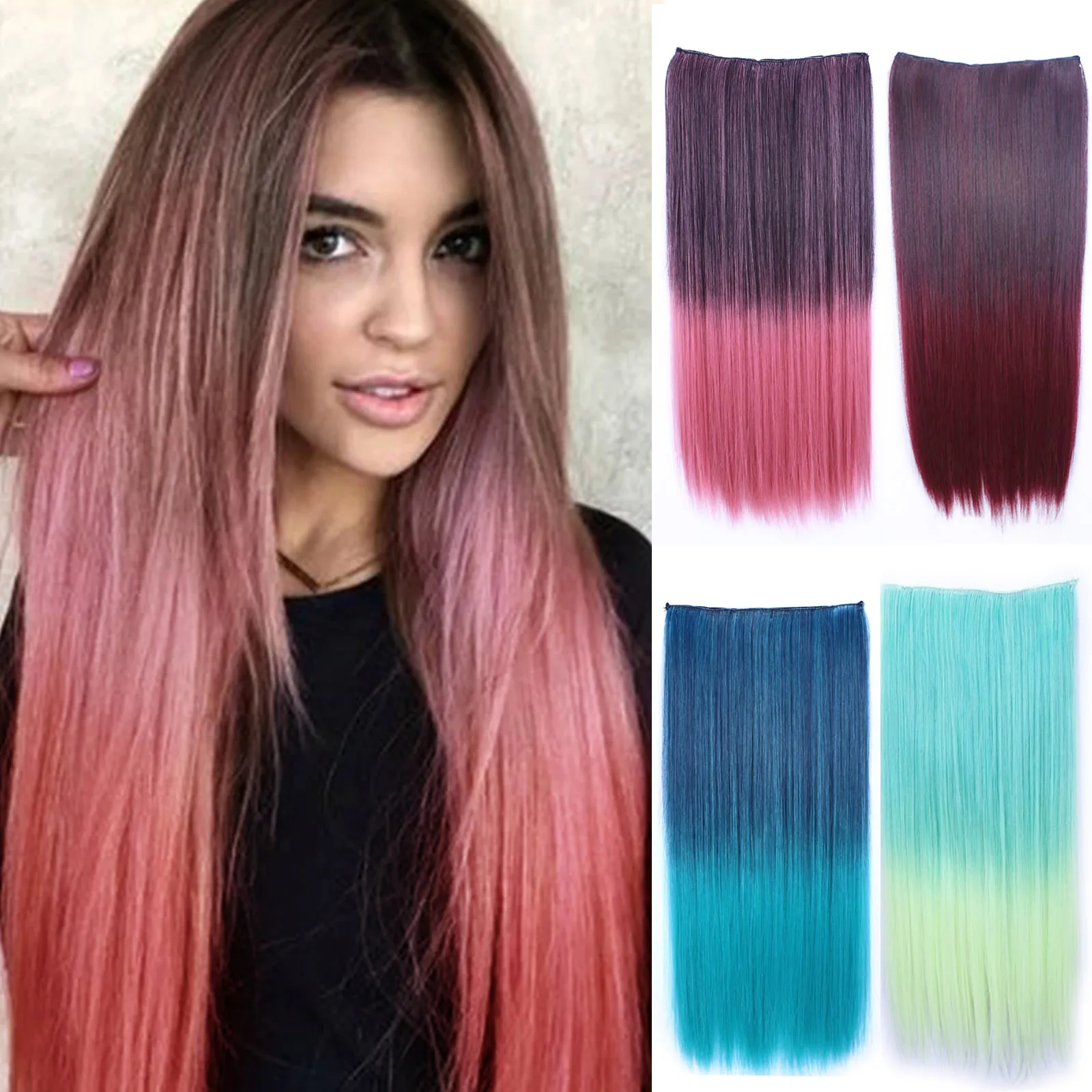 Zolin-extensión de cabello liso sintético para mujer, Color degradado colorido, una pieza con 5Clips, postizos de Cosplay