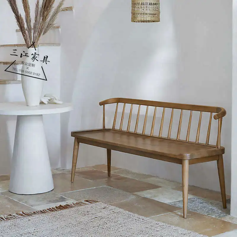 

Nordic solid wood dining table bench with backrest dining chair living room casual art bench Japanese horn Windsor bench