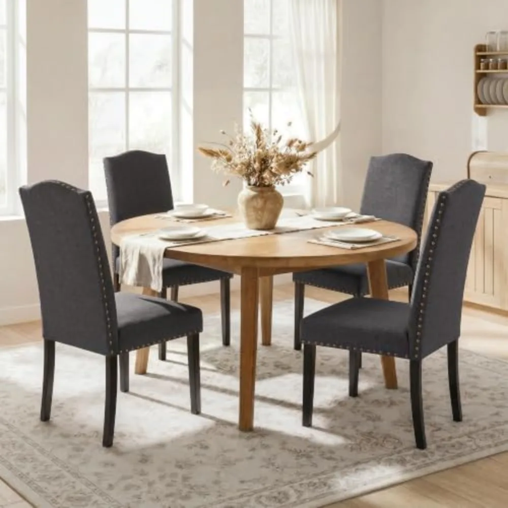 Dining Chairs Set of 4 High Back Parson Chairs Dark Gray | Fabric Upholstered Kitchen Chairs with Nailhead Trim, Solid