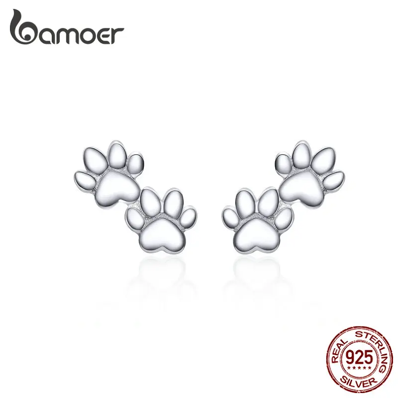 

bamoer Dog Paw Silver Stud Earrings for Women 925 Sterling Silver Cat Pet Footprint Earings Jewelry Accessories SCE718