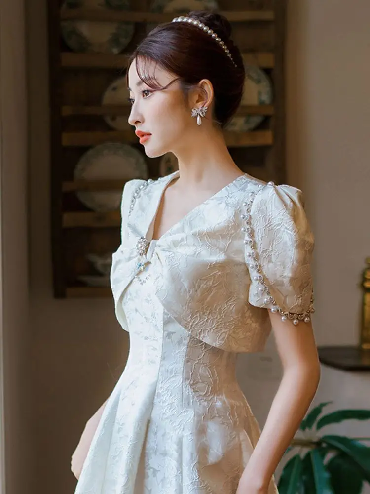 White Satin Printed Formal Dress Luxurious Beaded Shawl Puff Sleeve   Wedding Party Dresses Slim Tea-Length A-Line Prom Gown