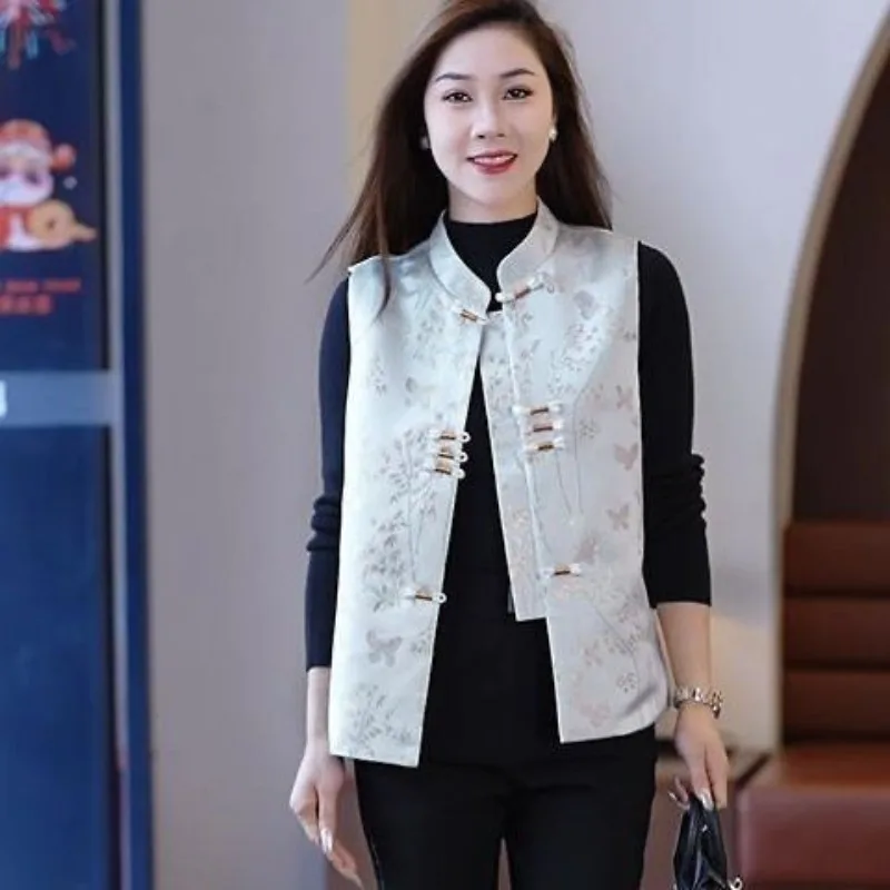 

Blouse Women's Spring Autumn Vest Stand-up Collar Chinese-style Knotted Fastening Outerwear Sleeveless Waistcoat New Distinctive