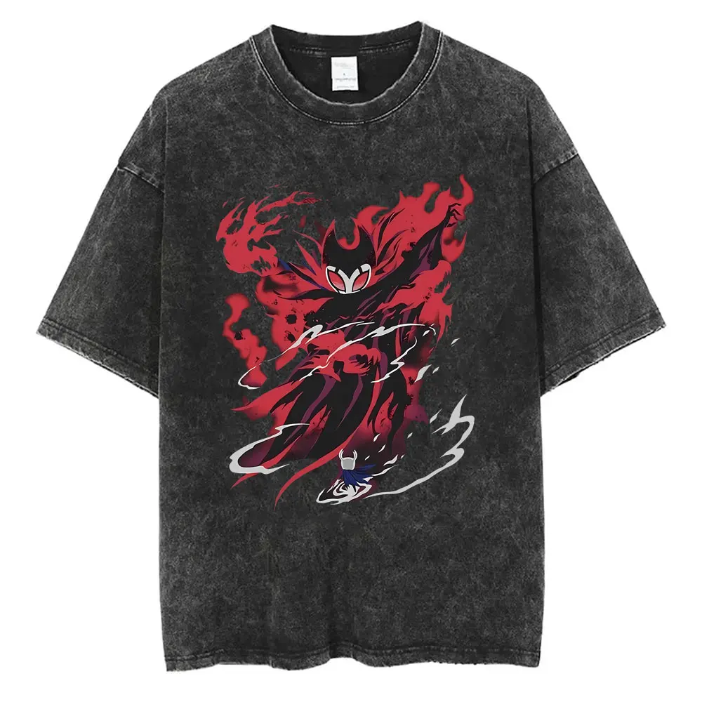 Washed Vintage Game Hollow Knight The Knight Born in The Abyss Graphic T-shirt Men Women Casual Gaming Lover T Shirts Oversized