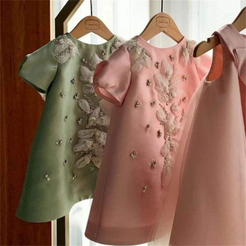 Children's embroidery beaded flower girl wedding girl dress birthday mesh dress pink green princess dress