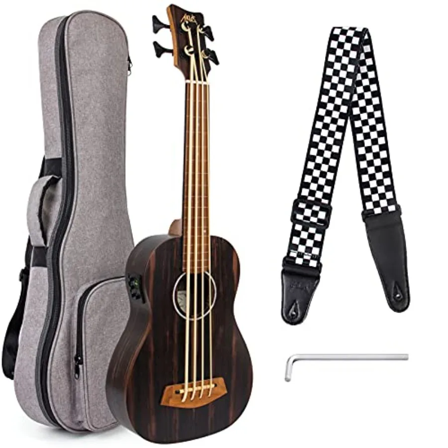 Electric Bass Ukulele for stage and studio, ebony African blackwood body, natural wood color, fretless baritone design with E-A