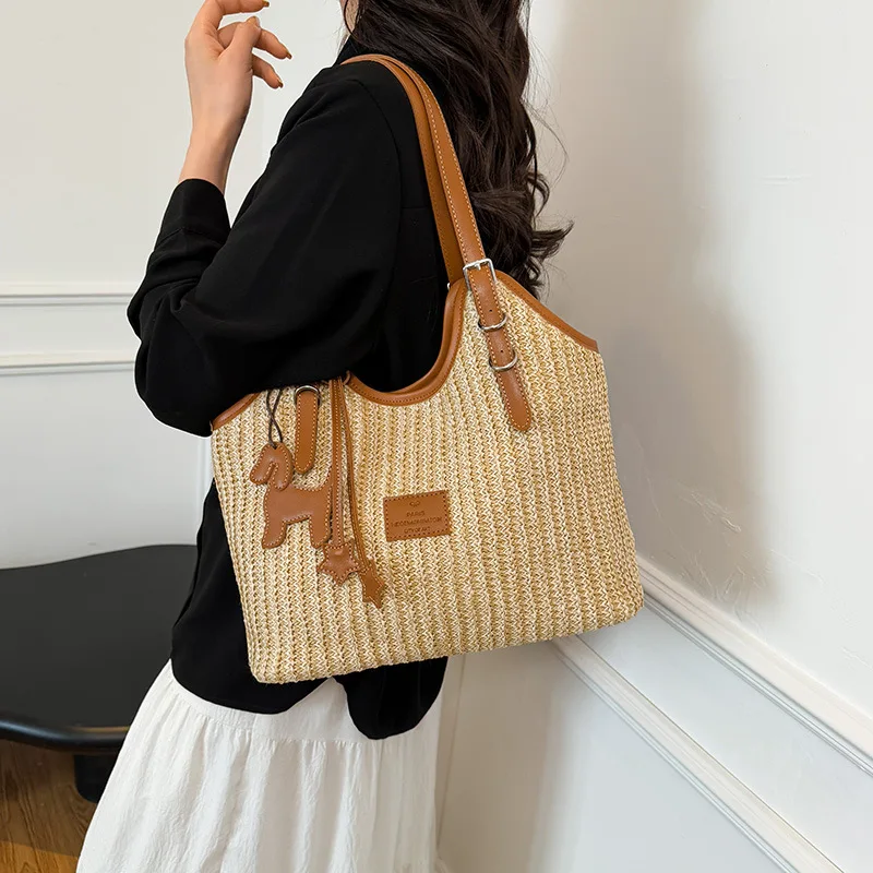 

Женская сумка-тоут большой вместимости, новый стиль, соломенная сумка ручной работы, модная пляжная сумка на одно плечо для отдыха на море