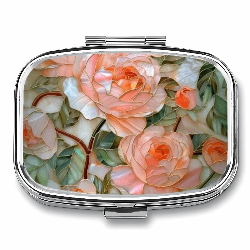 Two Styles and Capacities Available: Rectangular and Round Portable Decorative Boxes with 3 or 2 Compartments; Compact Metal Pill Box with Rose Pattern; Portable Decorative Vitamin Storage Box; Pocket-Sized Unique Gift Item