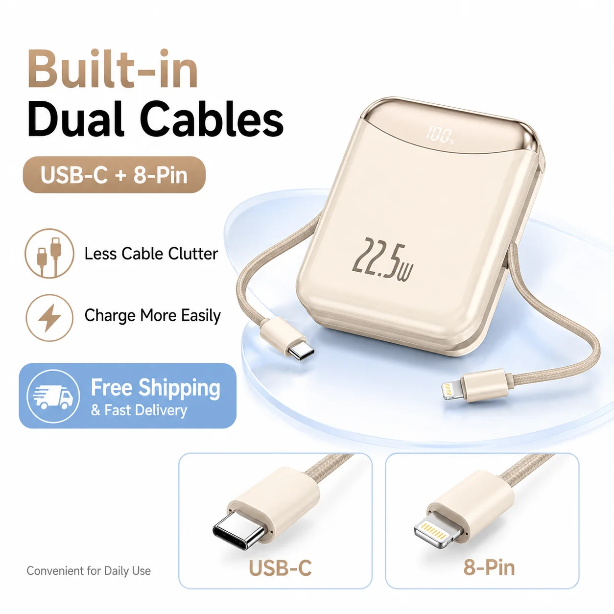 10000mAh Fast Charging Mini Power Bank with Built-in USB-C & 8-Pin Cables, LED Digital Display, Compact Portable Charger