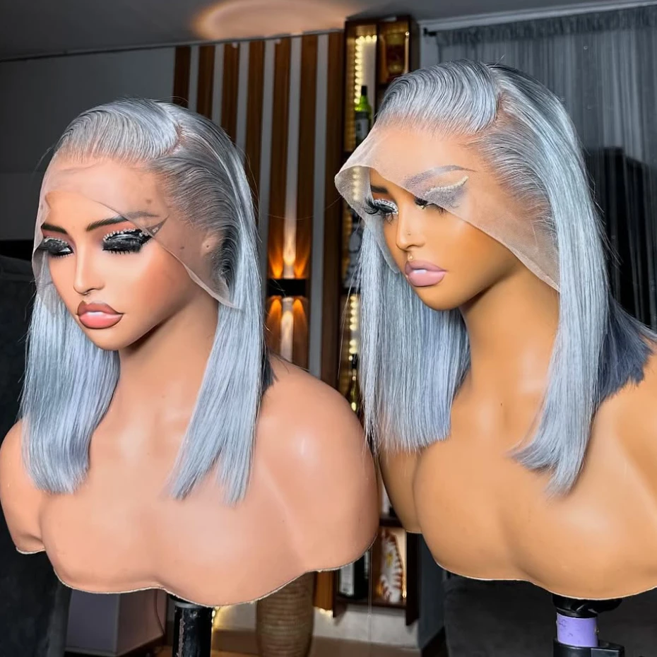 

210 Density 13x6 Short Bob Wigs Silver Grey Lace Front Wigs Human Hair Pre Plucked Ash Gray Lace Frontal Wig Human Hair Bob Wig