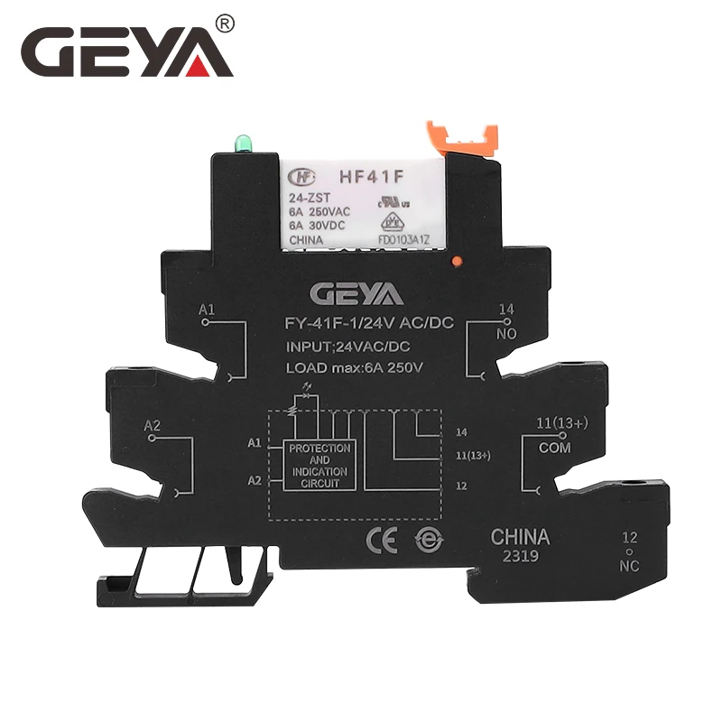 5PCS 10PCS GEYA Din Rail Slim Relay Module HF-41F Integrated PCB Mount Power Relay 12V 24V 48V 110V 230V with Relay Socket 6.2mm