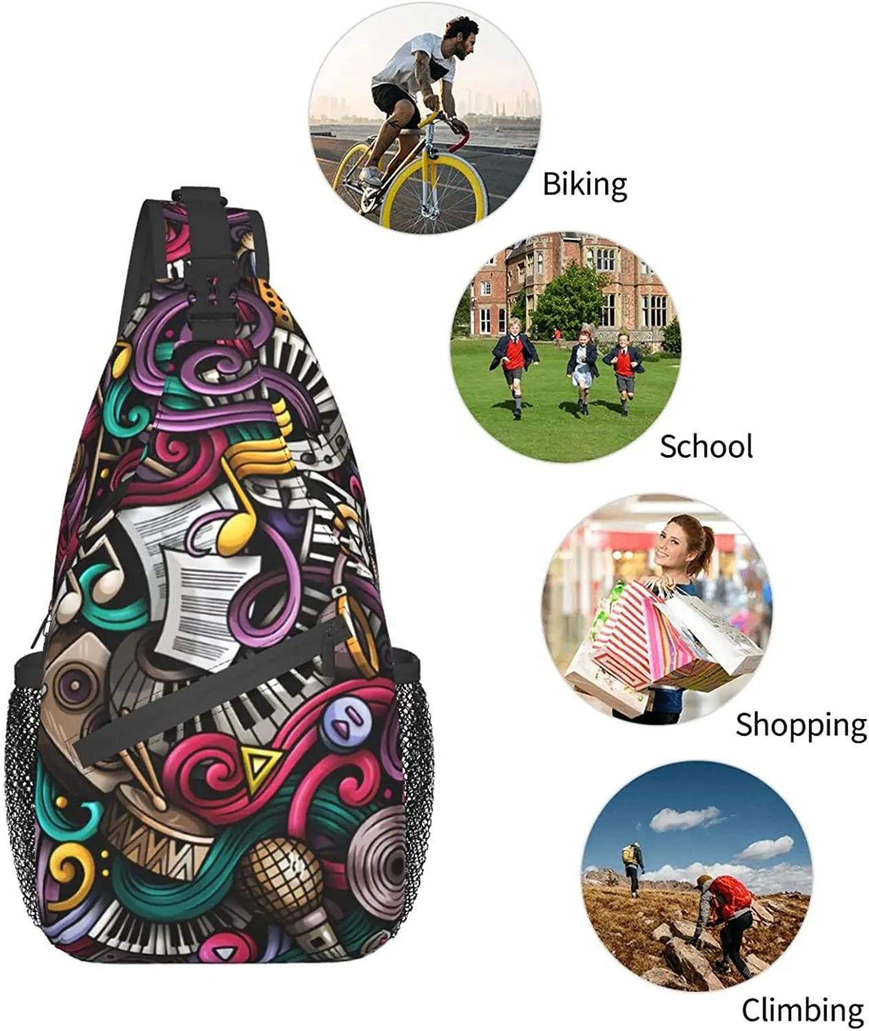 Music Hand Drawn Doodles Seamless Pattern Musical Sling Bag For Women Men Crossbody Shoulder Bags Casual Backpack Chest Bag