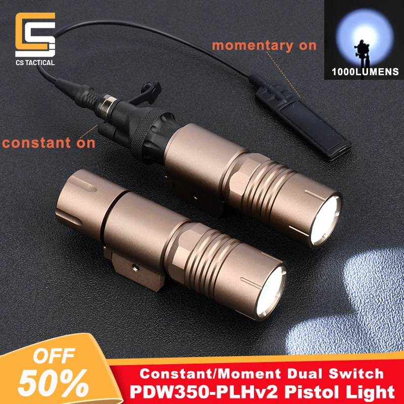 WADSN PLHV2 PDW350 Tactical Scout Flashlight 1000 Lumens Airsoft Pistol Weapon Accessories With Switch for 20mm Picatinny Rail