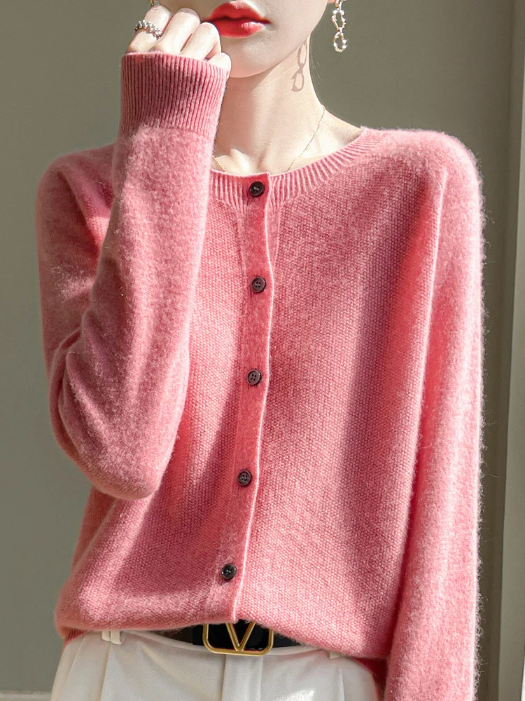 Women O-neck Cashmere Cardigan Spring Autumn Sweater 100% Merino Wool Knitwear Soft Comfort Wool Clothing Elegant Tops