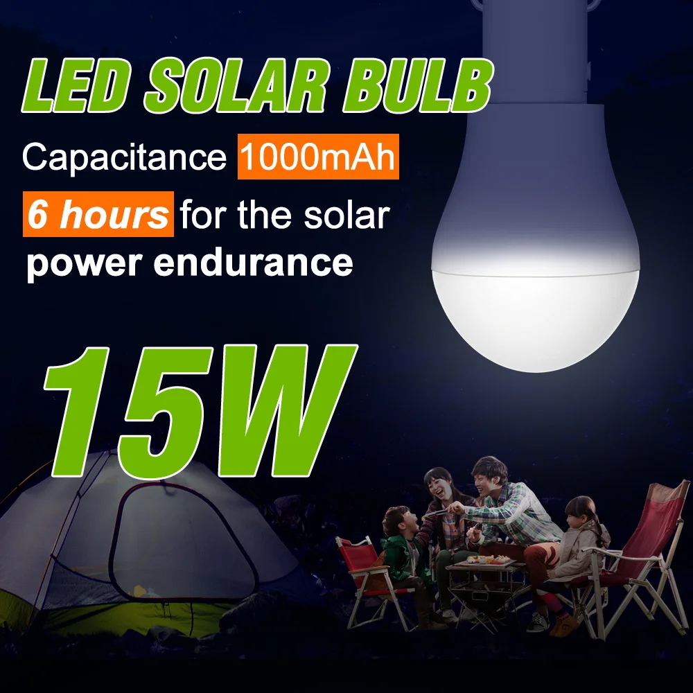 

Солнечная светодиодная лампа 15 Вт, перезаряжаемая, водонепроницаемая IP65, на солнечной энергии, для кемпинга, дома и аварийного освещения