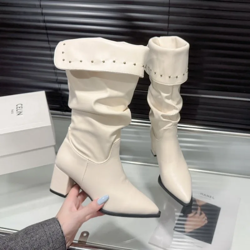 Western Women Slouchy Knee‑High Boots Rivet Turn‑over Cuff Pointed Toe Block Heel Pull‑on Ladies Cowboy Long Booties