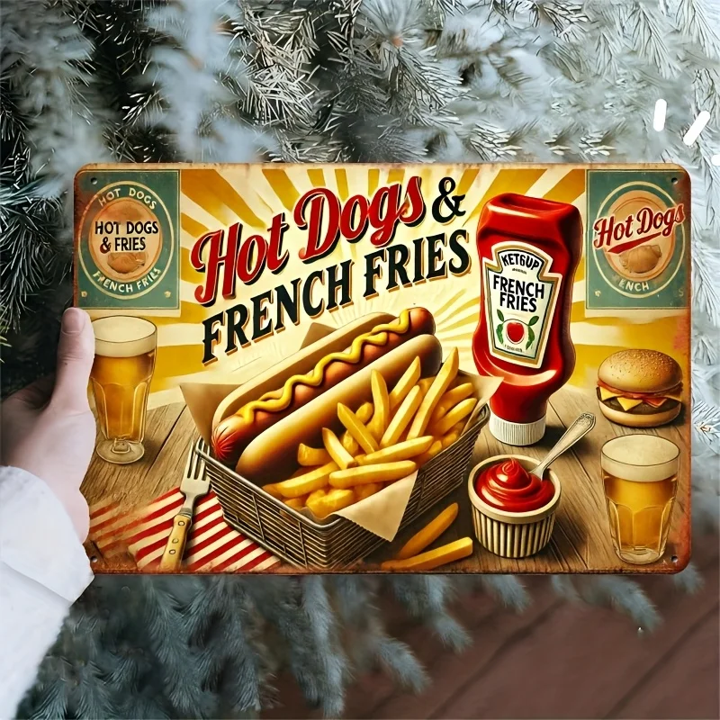 2D Flat, 2D Flat, Retro 2D Flat Metal Sign Featuring Hot Dogs And French Fries - 8.0X12.0 inch Poster with Ketchup And Mustard