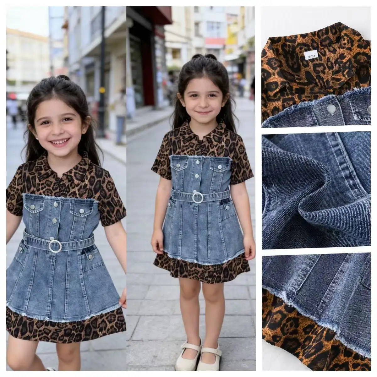 

Girls Summer Leopard Print Denim Patchwork Dress Vintage Fashion Casual Kids Sundress for 2-7Years