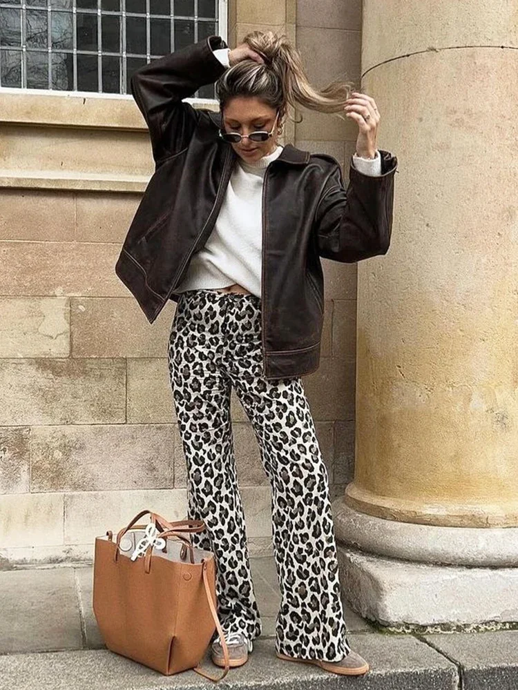 Foridol Leopard Print Wide Leg Long Pants Women Spring Summer Straight Fashion New Pants Zip Casual Female Pantalones 2024