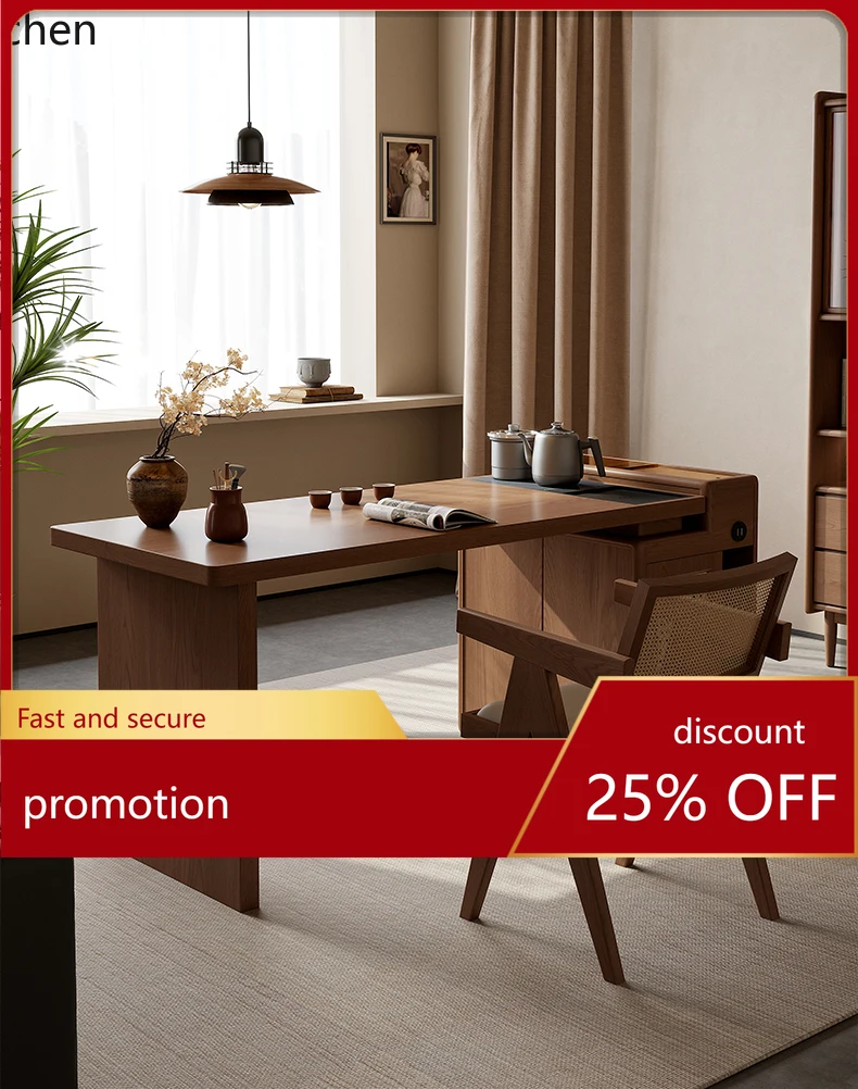 

HTsolid wood tea table household kung fu tea table large board office desk integrated