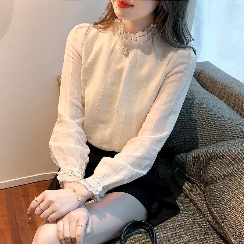 Long Sleeve Blouse Women Blusas Mujer De Moda 2024 Apricot Chiffon Blouse Shirt Tops Women Blouses Camisas Blusa Feminina F515