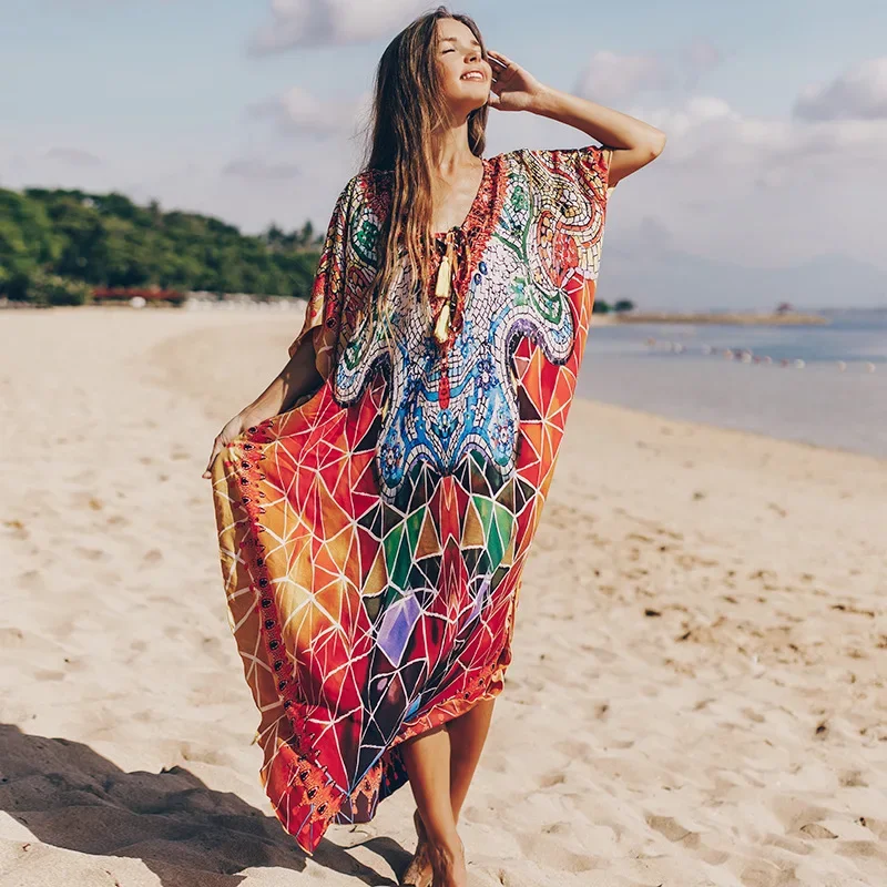 Boho Beach Wear Bikini Cover Up for Women Tunic Floral Printed V Neck Tassel Loose Kaftan Summer Vintage Long Dress Robe Gown