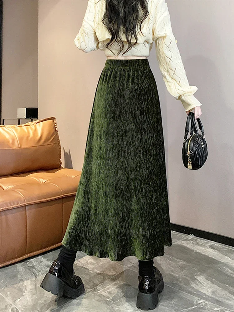 Fashion Folds Velvet Long Skirt for Women 2024 Autumn Winter Vintage Elegant Solid A Line High Waist Maxi Skirt Female Z365