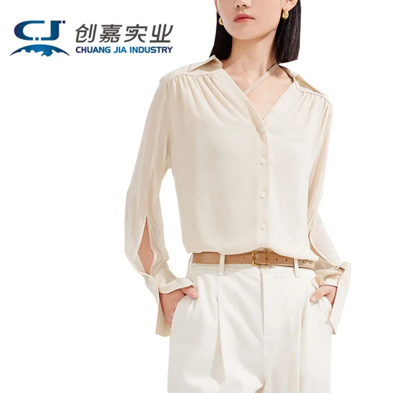 

Silk Women's Spring Summer Long Sleeve Shirt 100% Mulberry Silk White V-neck Pleated Top Light Fashion Clothing Good quality