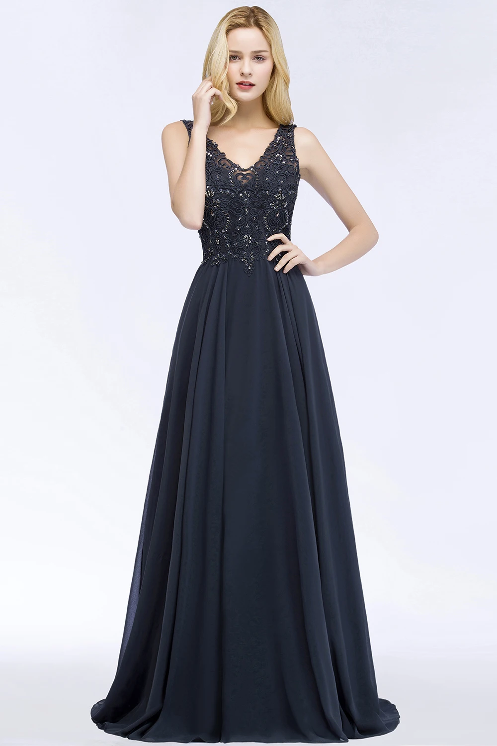 BABYONLINE Navy Blue Evening Dresses Women V Neck Lace Appliques Beaded A Line Skirt Chiffon Prom Party Bridesmaid Gowns