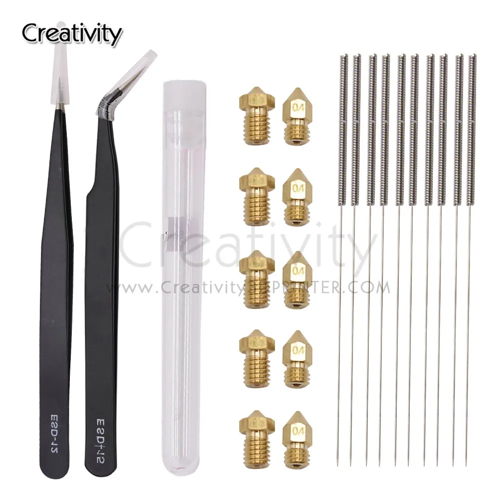 Creativity 10pcs MK8 V6 Nozzles 0.4MM + 10pcs Cleaning Needles 0.4mm Drill Bits +Pt. ESD-15 PT.ESD-12 tweezers 3D printer Parts