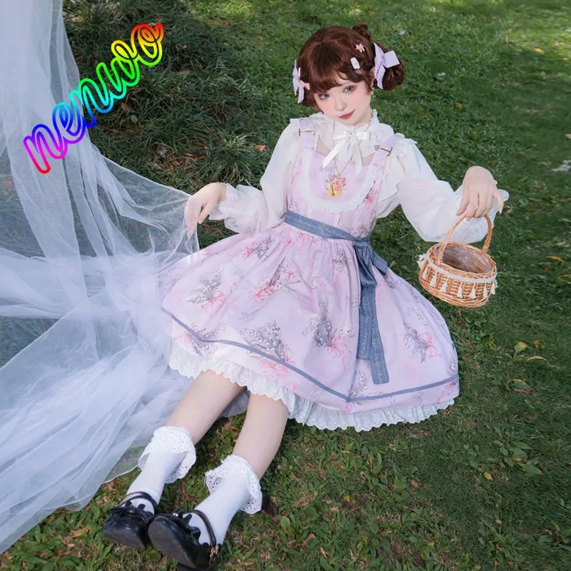 

Платье JSK в стиле Лолита с регулируемыми бретелями, милый повседневный сарафан с цветочным принтом, на тонких бретелях, с кружевной отделкой и съемным поясом