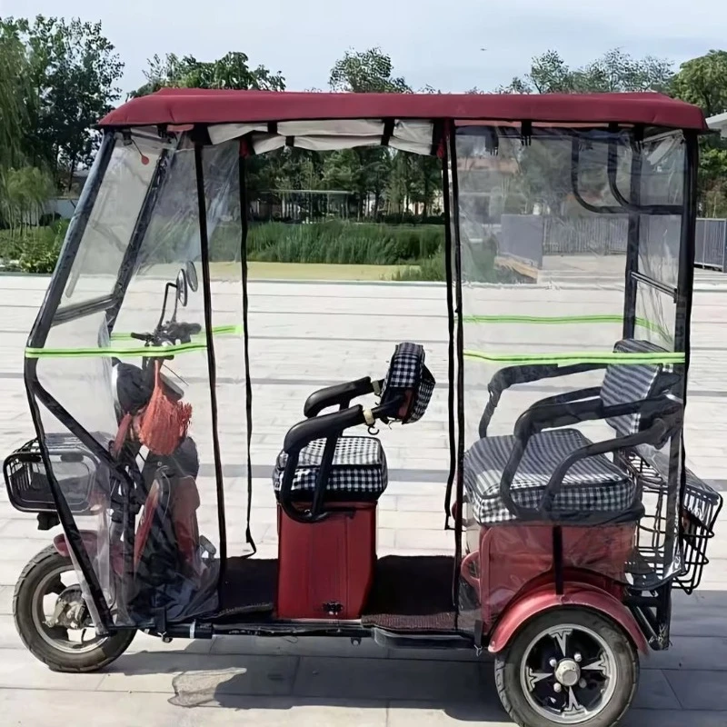 Three-wheeler shelters with enclosed canopies and curtains for protection from the wind