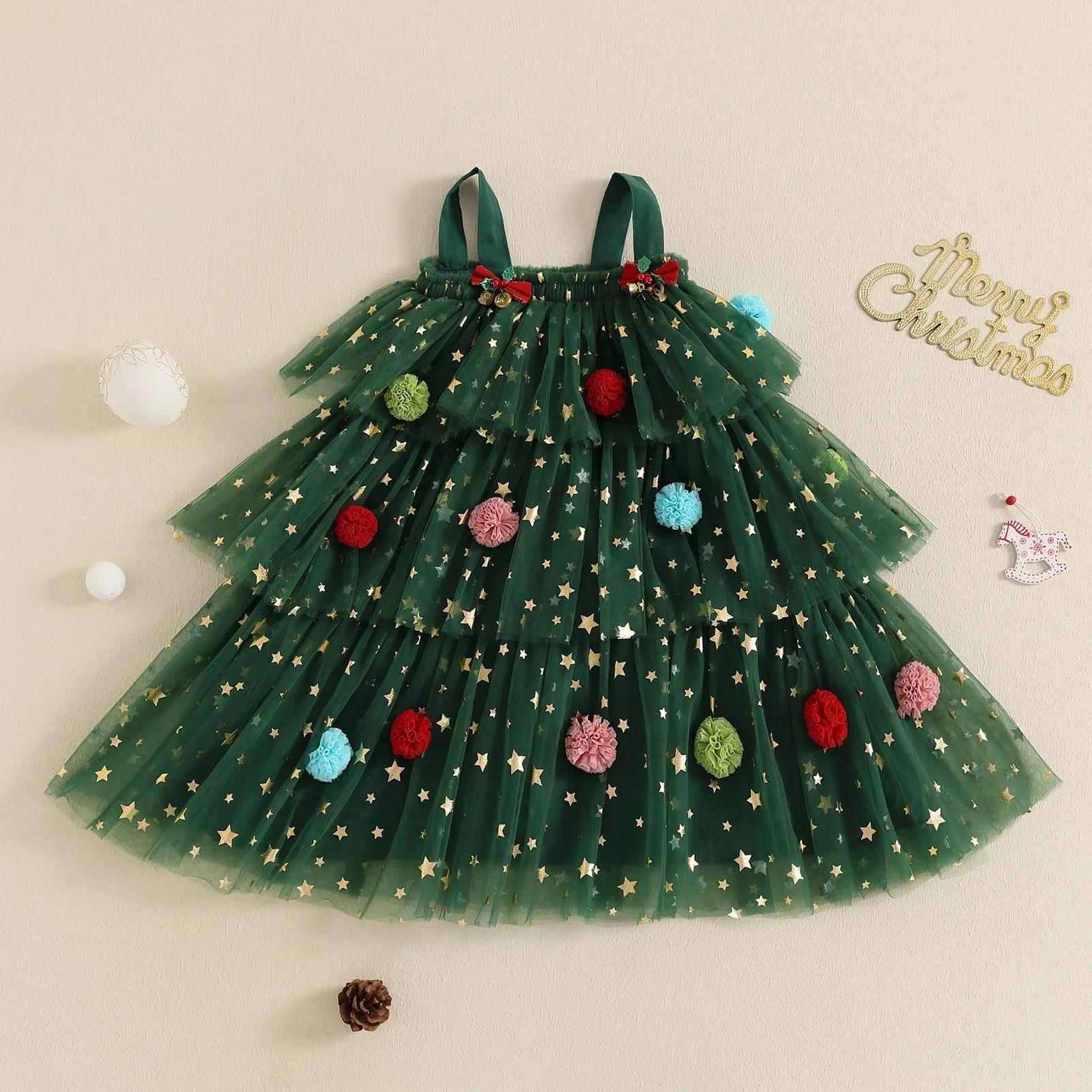 Kids Girls Christmas Dress Strap Sleeveless Star Print Lace Layered Tulle Sundress with Plush Ball Hat