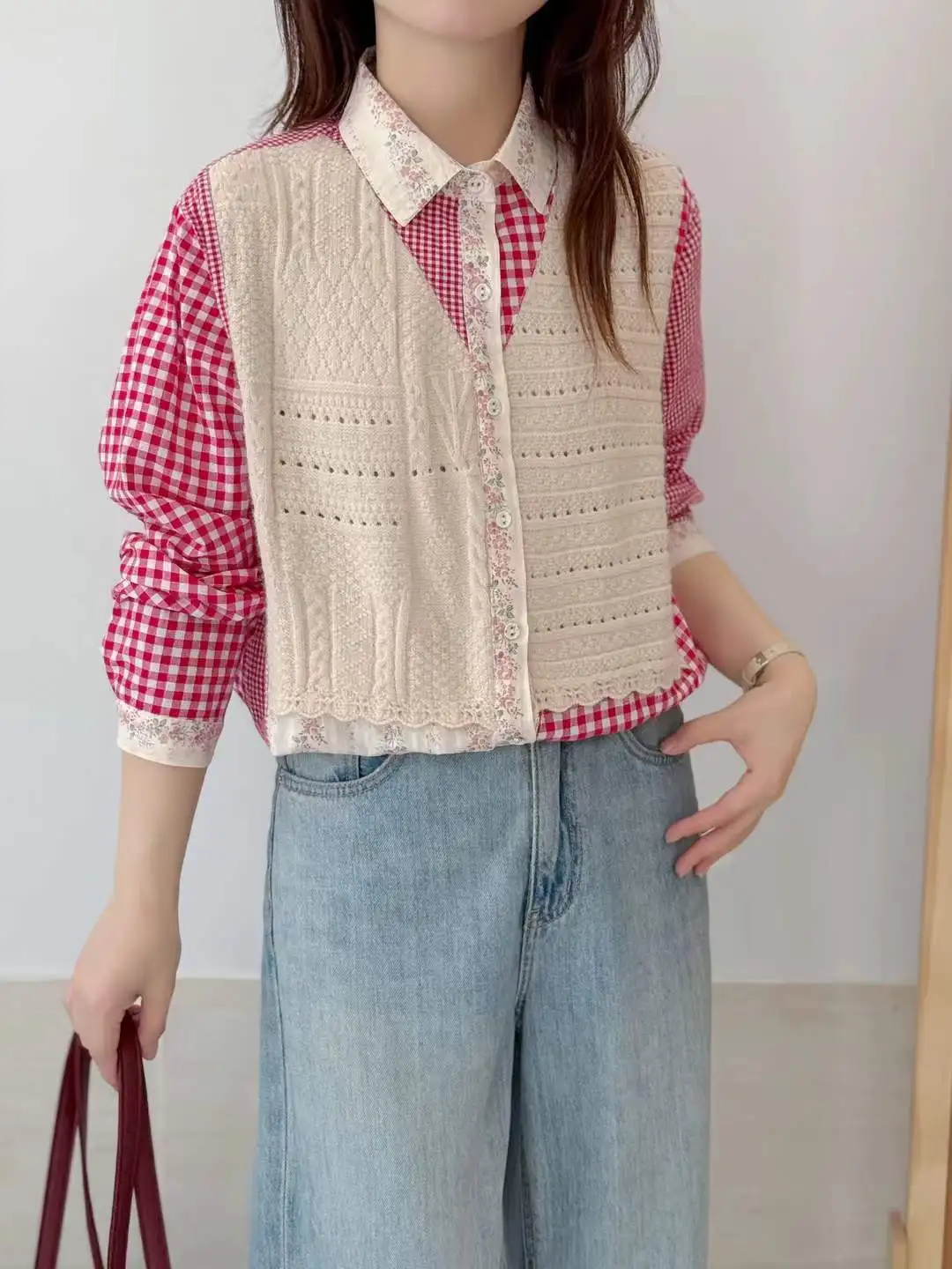 New 2025 Winter Cotton Long Sleeve Shirt, Women Lapel Woollen Patchwork, Mori Girl French Plaid Casual Loose Blouse T5N819CC
