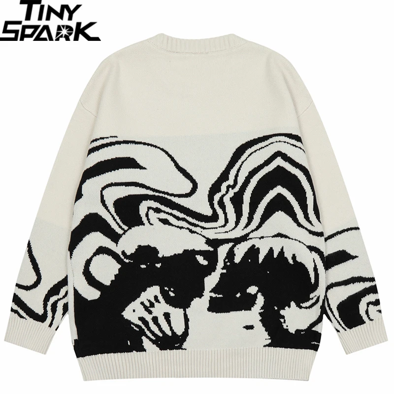 Men Streetwear Sweater Retro Painting Skull Graphic Hip Hop Knitted Sweater Vintage Pullover Casual Wool Sweater Hipster