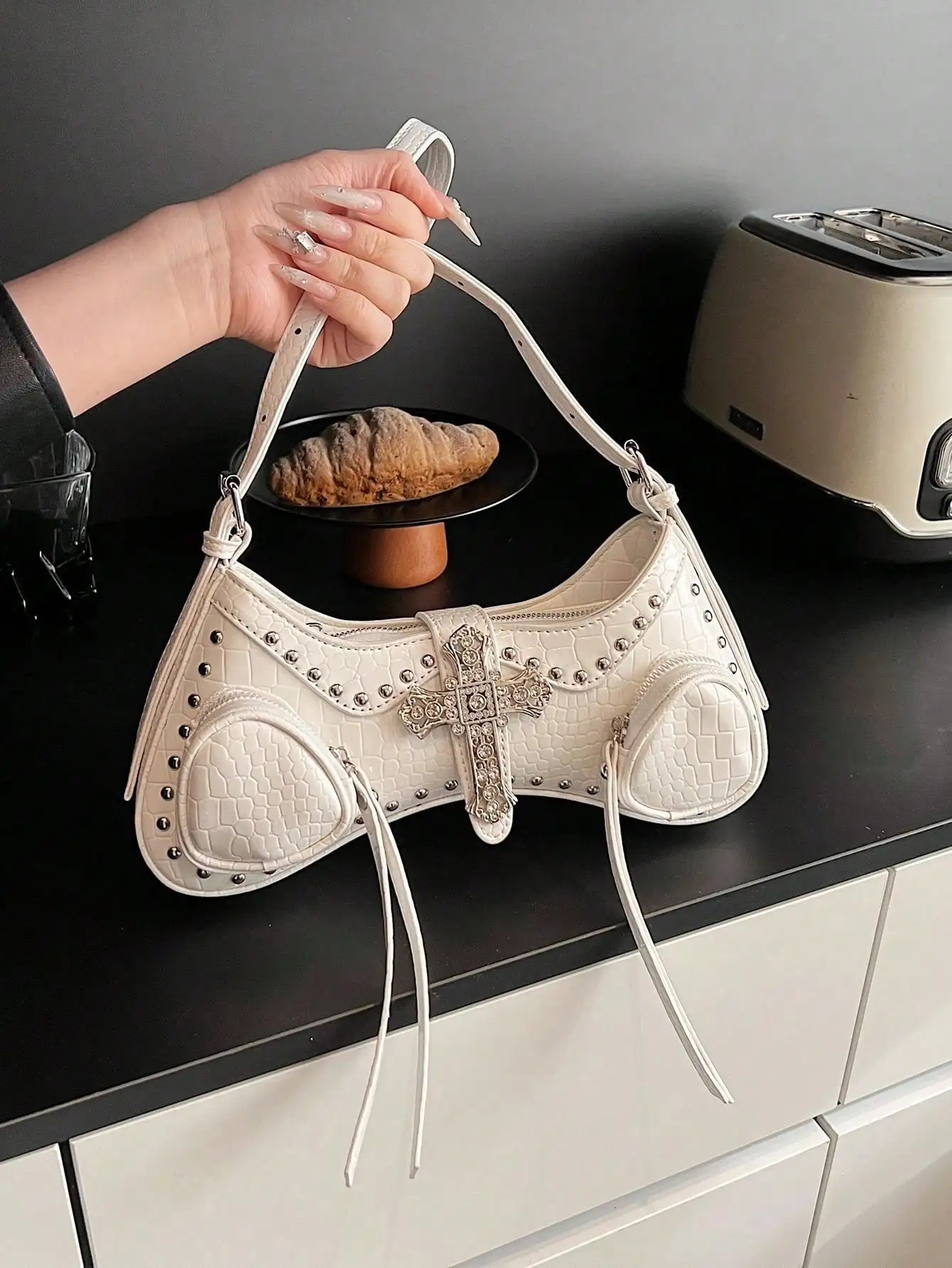 

White Croc-Embossed Studded Cross Accent Underarm Bag with Adjustable Strap